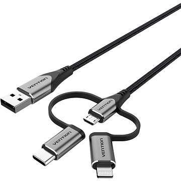 Vention MFi USB 2.0 to 3-in-1 Micro USB & USB-C & Lightning Cable 1.5M Gray Aluminum Alloy Type (CQJHG)