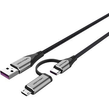 Vention USB 2.0 to 2-in-1 USB-C & Micro USB Male 5A Cable 0.5M Gray Aluminum Alloy Type (CQFHD)