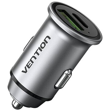 Vention Two-Port USB A+C (18W/20W) Car Charger Gray Mini Style Aluminium Alloy Type (FFBH0)