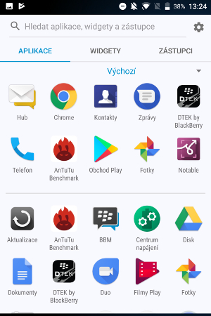 BlackBerry KEYone, screenshot, menu aplikací