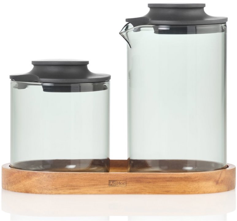 AdHoc Impact Sada na cukr a mléko s podtáckem z tmavého skla a akácie, 250 ml/180 g