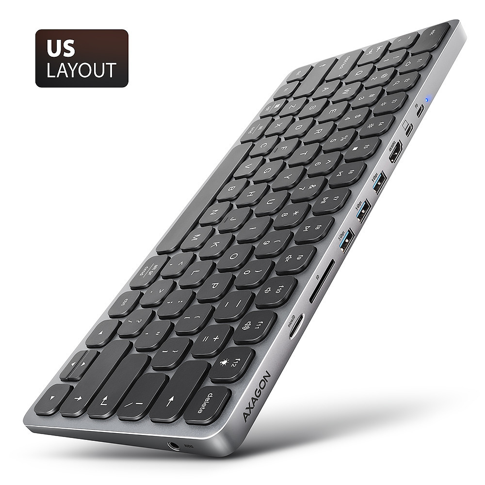 AXAGON HMC-KB-US Keyboard Hub, USB-C 5Gbps, 3x USB-A, HDMI 4k/60Hz, SD/mSD, audio, PD 100W