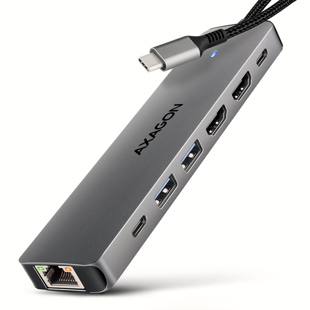 AXAGON HMC-7HX2, 7-in-1 Hub, USB-C 5Gbps, 2x USB-A, 1x USB-C, 2x HDMI 4k/60, RJ-45, PD 100W