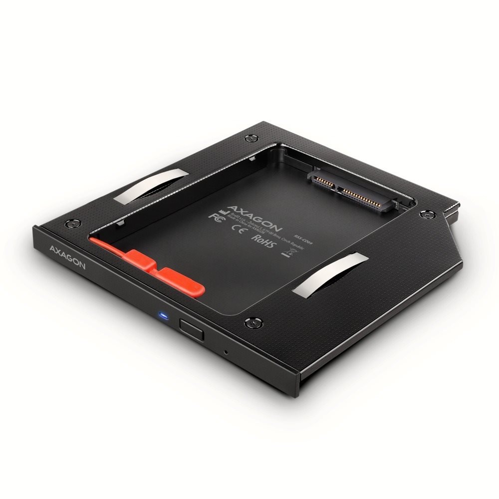 AXAGON RSS-CD09, ALU caddy for 2.5" SSD/HDD into 9.5 mm laptop DVD slot, screwless. LED
