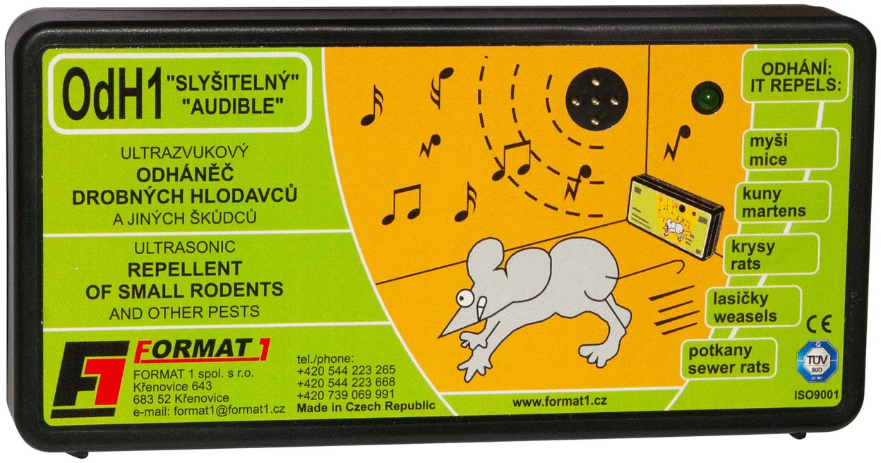 Format1 OdH1/s + baterie, Slyšitelný odháněč na myši, plašič kun pro dům a chatu, 100 m2