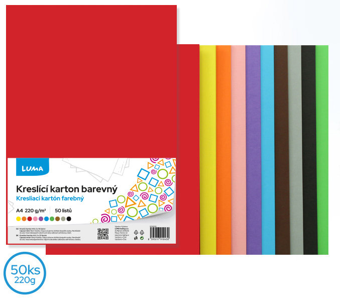 LUMA kreslicí karton A4 220 g/m2, 50 listů, 5 x 10 barev