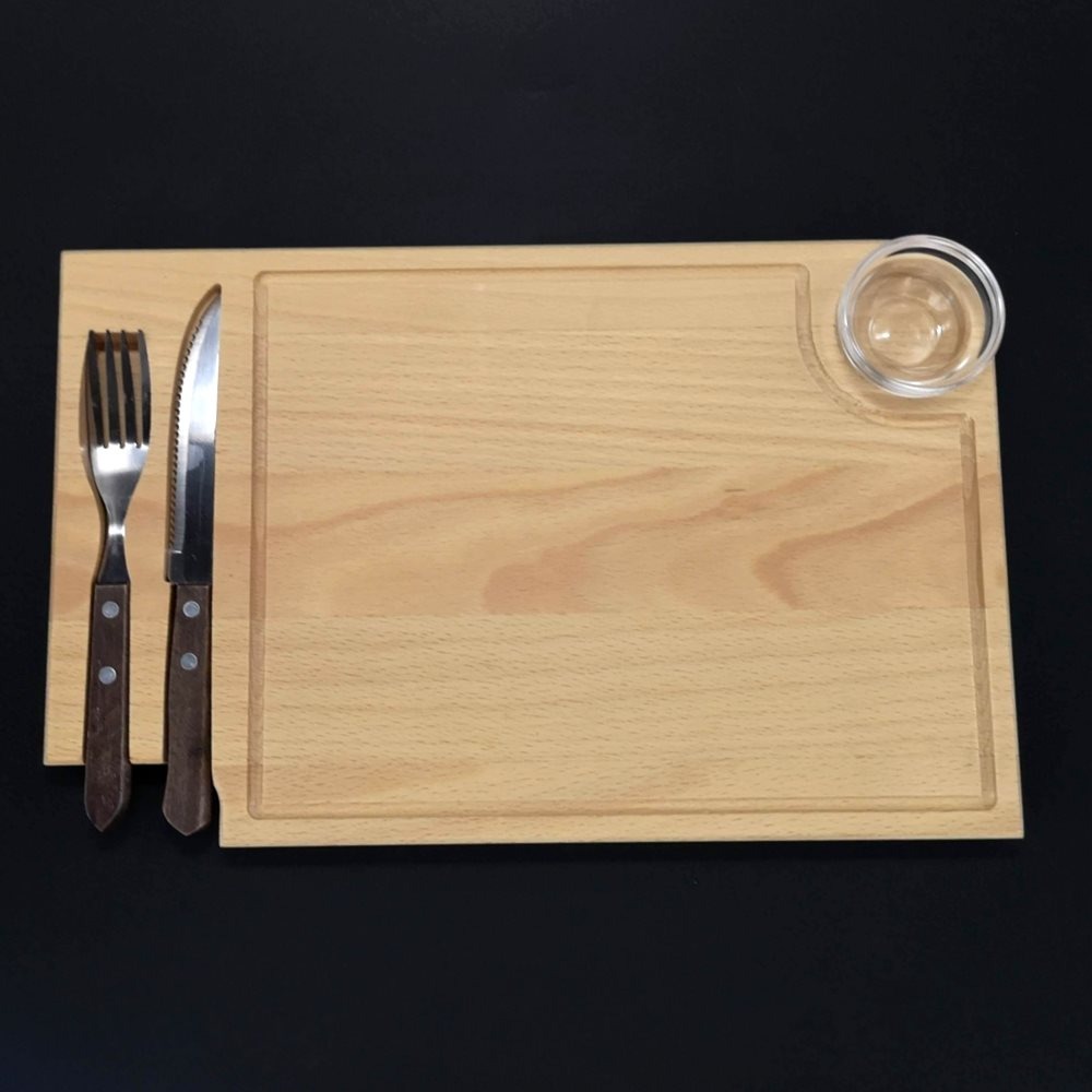 AMADEA Dřevěné prkénko na steak s příborem a skleněnou miskou, masivní dřevo, 36x23x2 cm