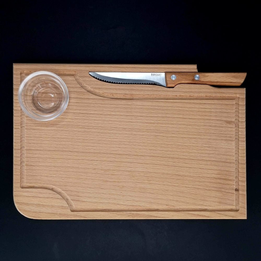AMADEA Dřevěné prkénko na steak s nožem a miskou, masivní dřevo, 30x20x1,5 cm