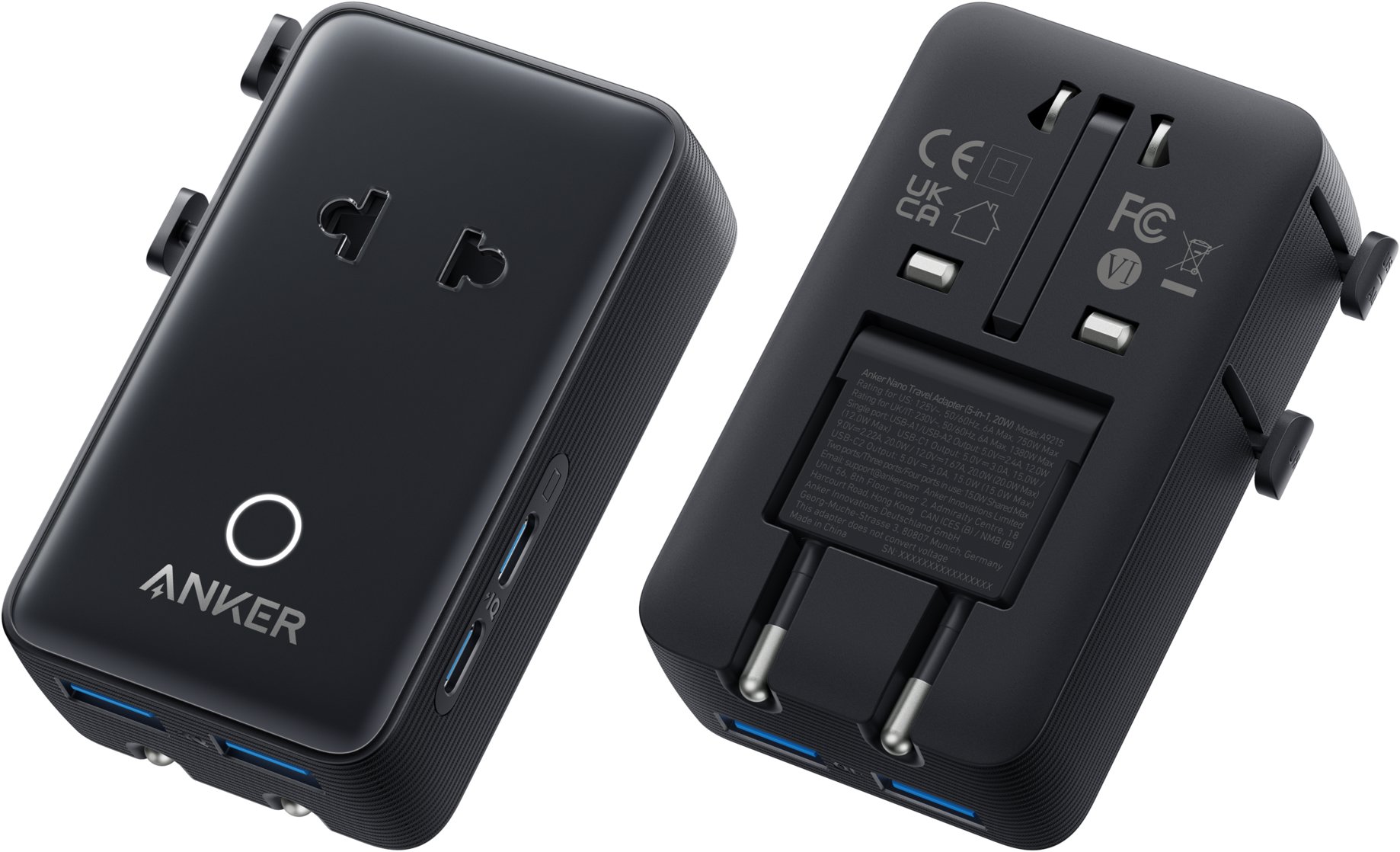 Anker Nano 20W 2xUSB-C, 2xUSB, s adaptéry pro zásuvky UK/US/AU/EU černá