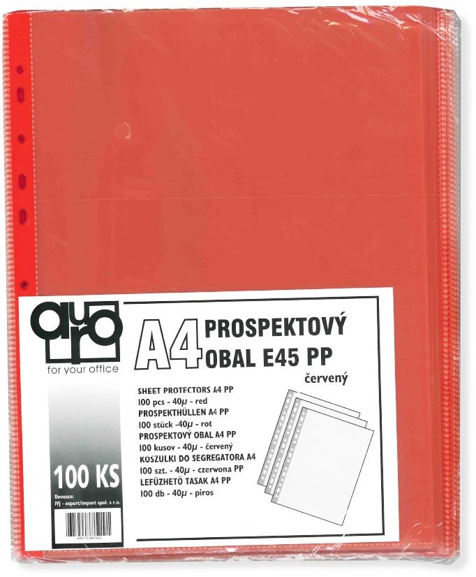 Auro Office E45 eurofolie A4, 45 µm, PP, červené, hladké - 100 ks