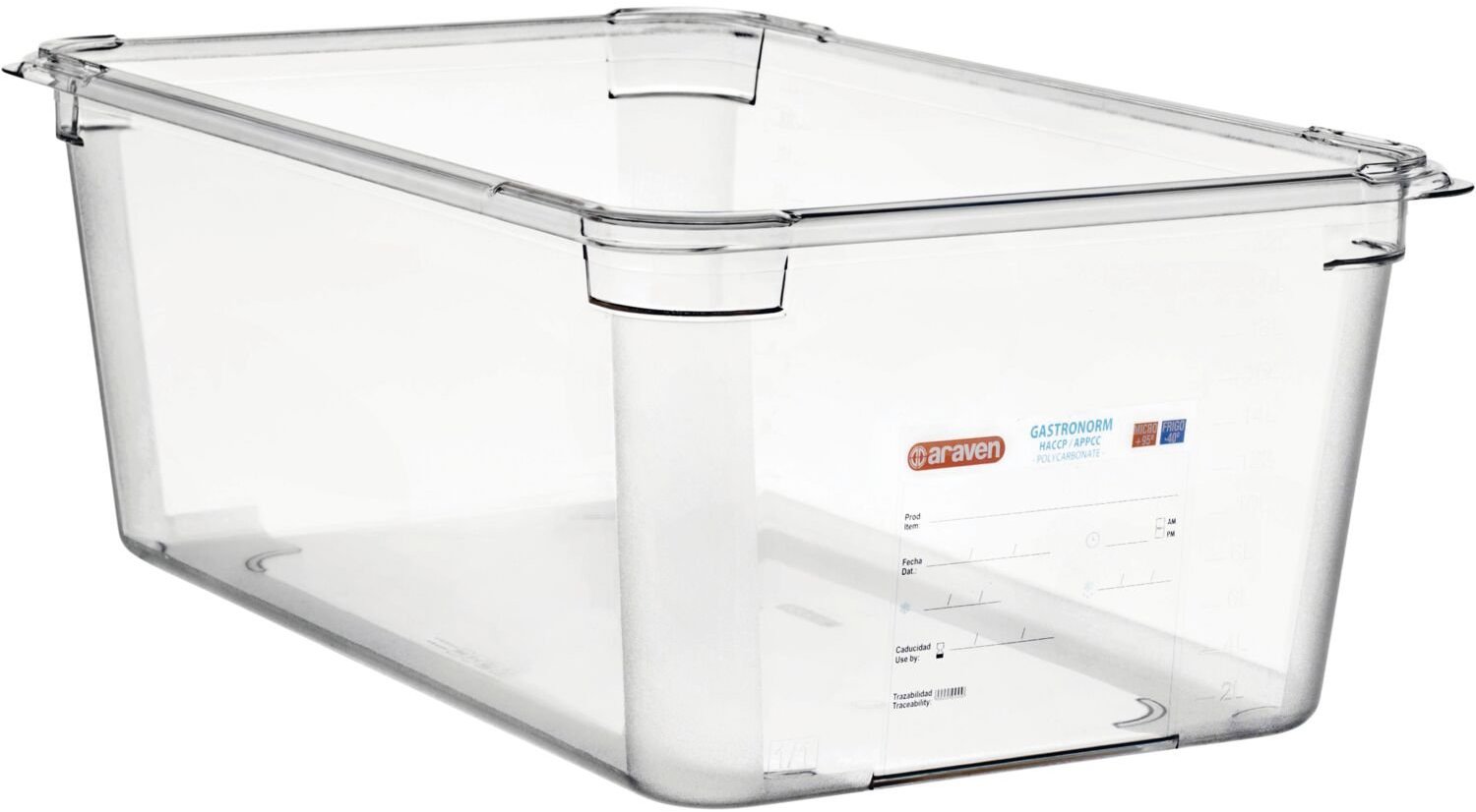 ARAVEN Gastronádoba GN 1/1, polykarbonát, integrovaný štítek, 200 mm, 26,1