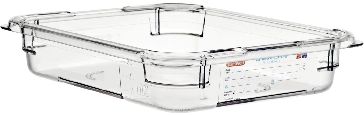 ARAVEN Gastronádoba GN 1/2, polykarbonát, integrovaný štítek, 65 mm, 3,9 l