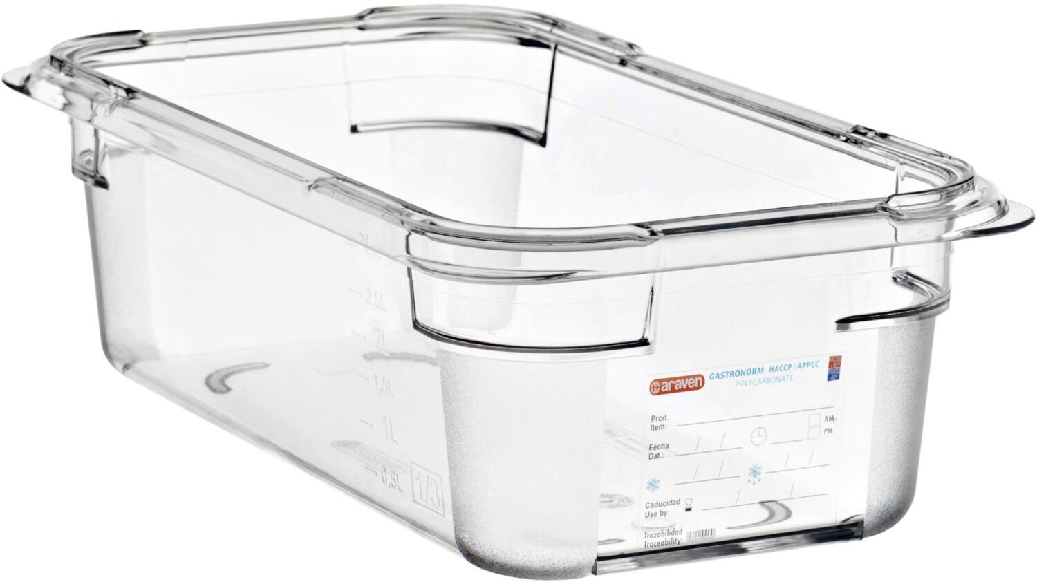 ARAVEN Gastronádoba GN 1/3, polykarbonát, integrovaný štítek, 100 mm, 3,7 l