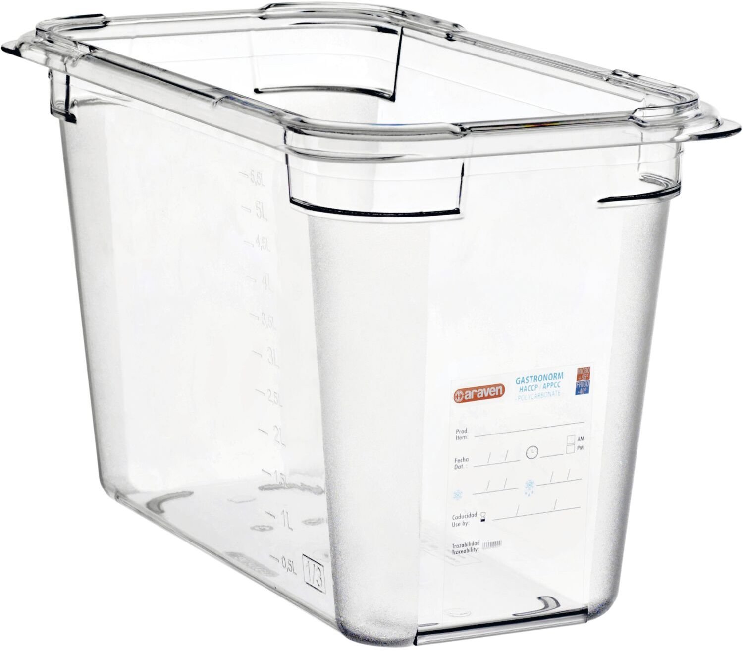 ARAVEN Gastronádoba GN 1/3, polykarbonát, integrovaný štítek, 200 mm, 6,7 l