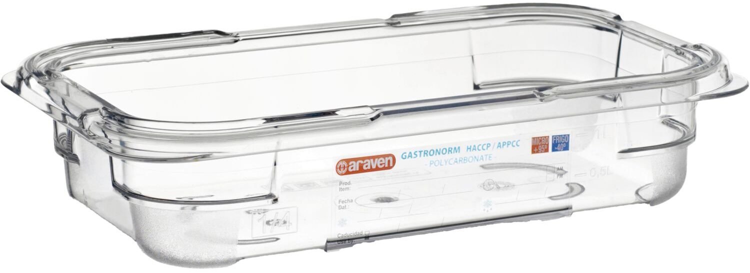 ARAVEN Gastronádoba GN 1/4, polykarbonát, integrovaný štítek, 65 mm, 1,6 l