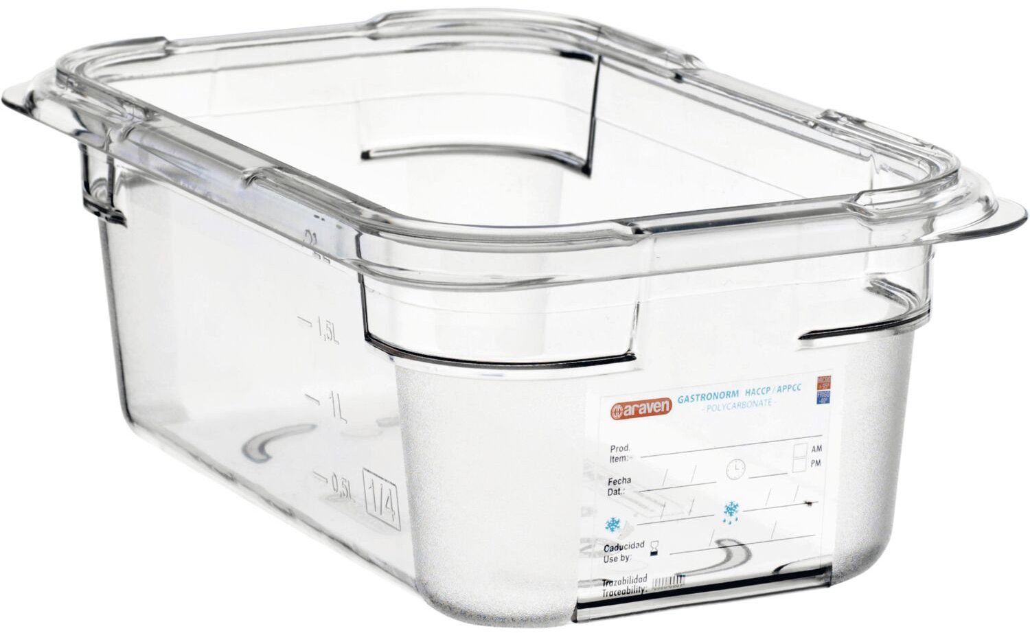 ARAVEN Gastronádoba GN 1/4, polykarbonát, integrovaný štítek, 100 mm, 2,6 l