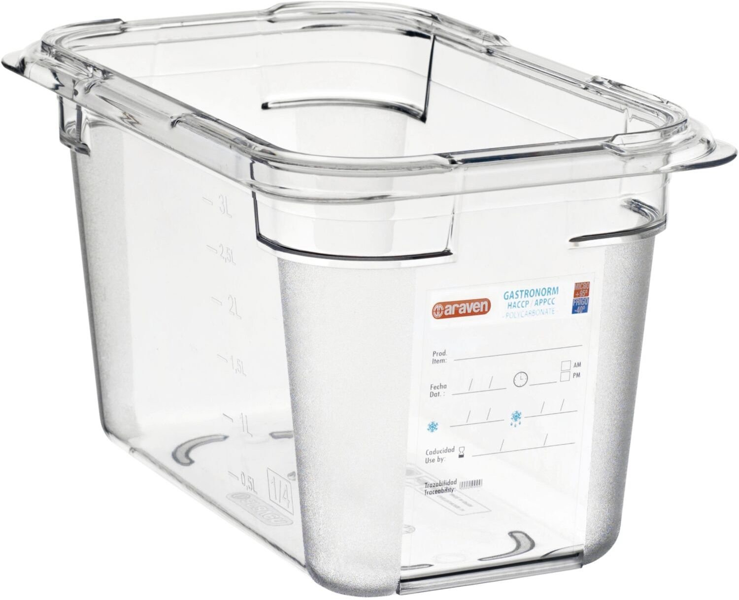 ARAVEN Gastronádoba GN 1/4, polykarbonát, integrovaný štítek, 150 mm, 1,6 l