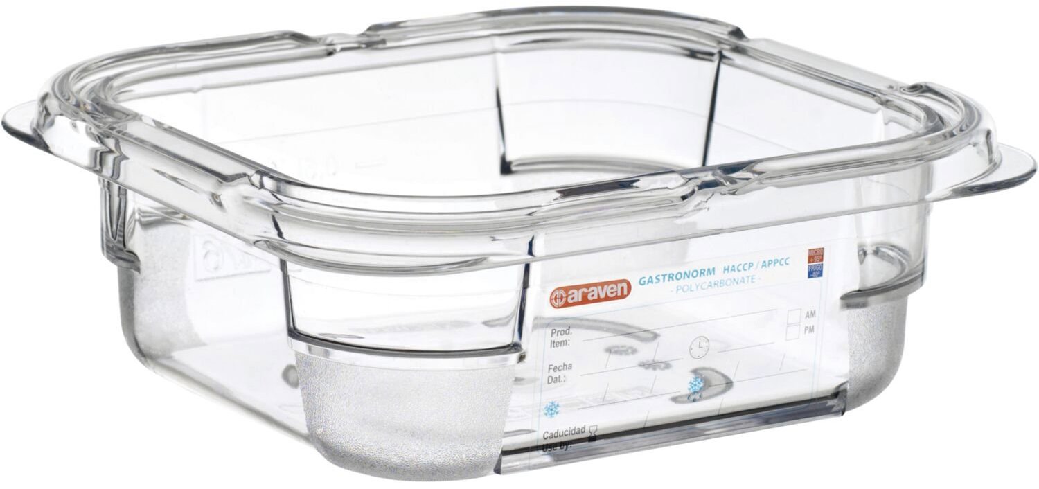 ARAVEN Gastronádoba GN 1/6, polykarbonát, integrovaný štítek, 65 mm, 1 l