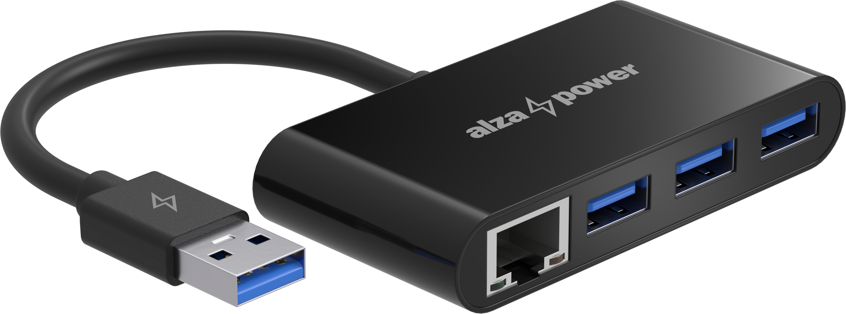 AlzaPower USB hub USB-A (M) na 3× USB-A 3.0 (F) s RJ45 černý