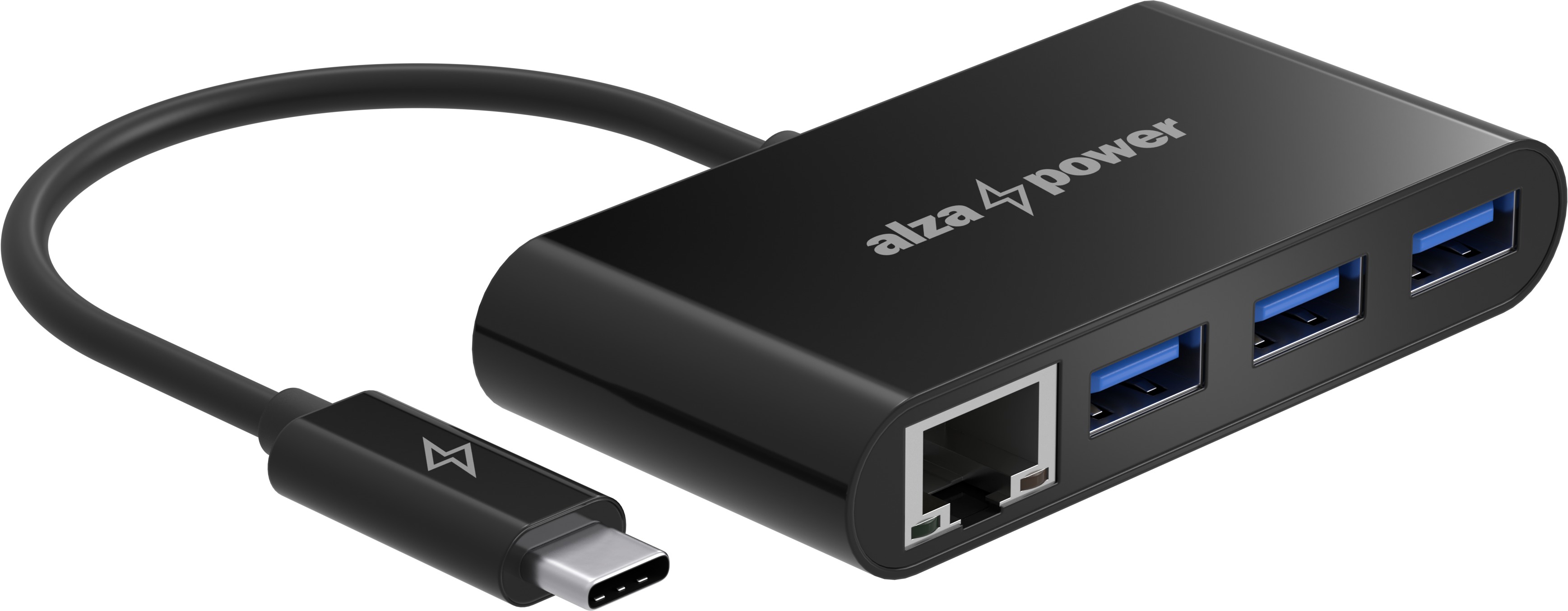 AlzaPower USB hub USB-C (M) na 3× USB-A 3.0 (F) s RJ45 černý