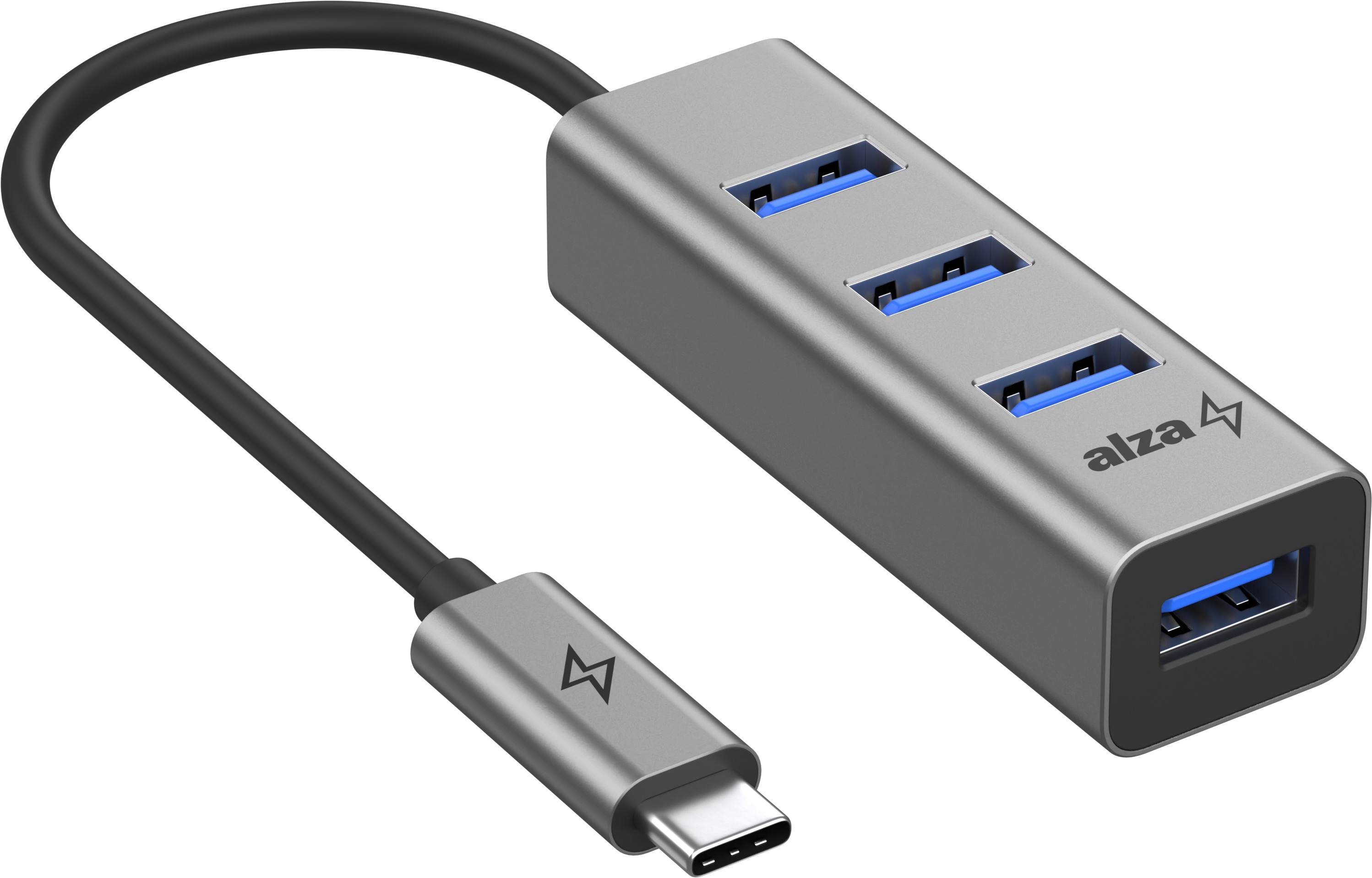 AlzaPower Metal USB hub USB-C (M) na 4× USB-A 3.0 (F) vesmírně šedý