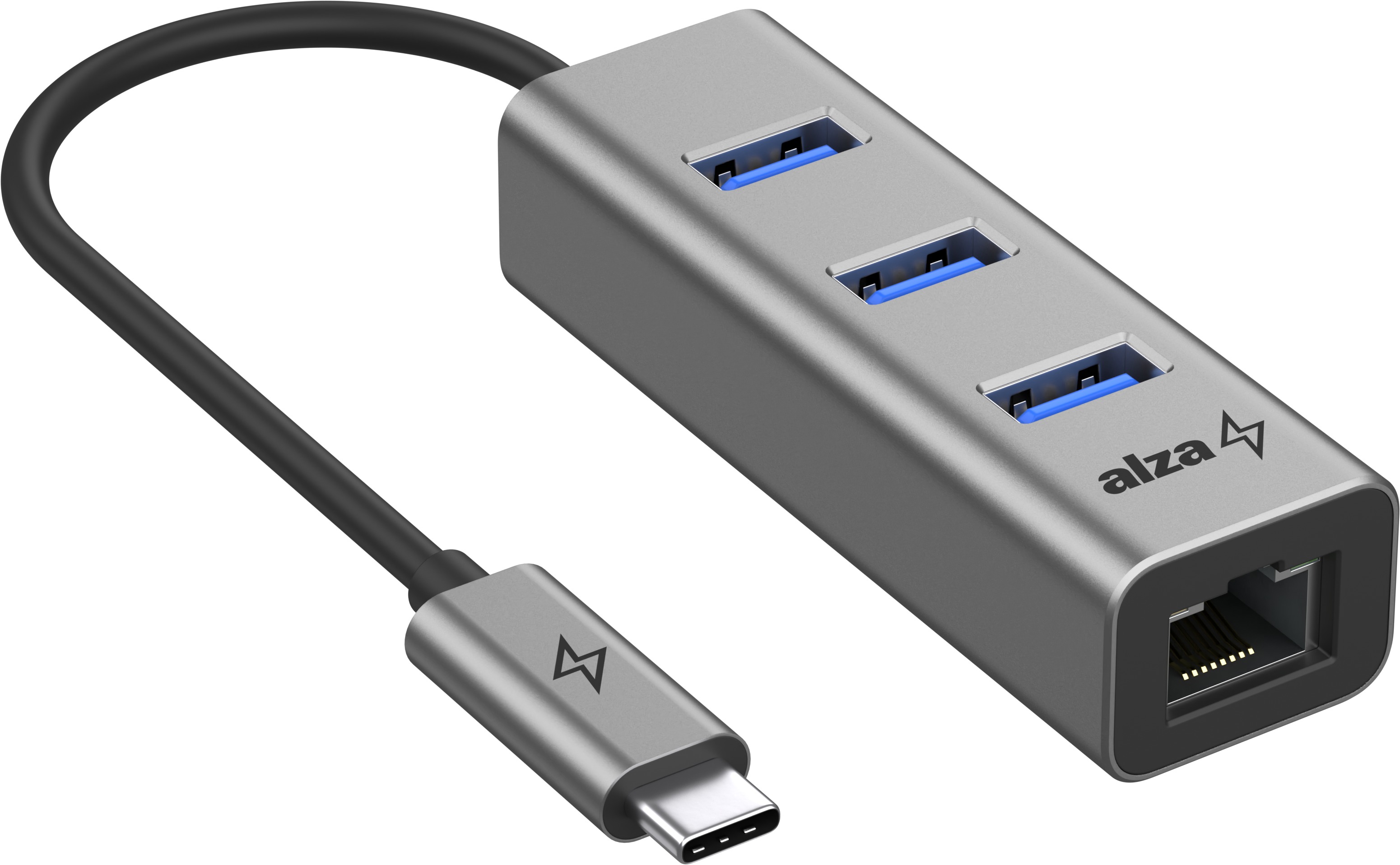 AlzaPower Metal USB hub USB-C (M) na 3× USB-A 3.0 (F) s RJ45 vesmírně šedý