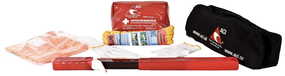 ACI Povinná výbava CZ - lékárnička, trojúhelník, lano (1,9 t), vesta, rukavice, černá brašna