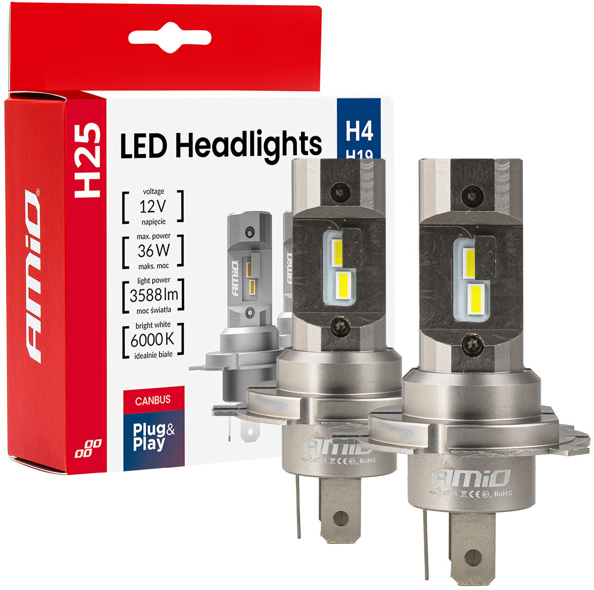 AMIO LED H4/H19 2x18 W - bílá (patice P43t), sada 2 ks