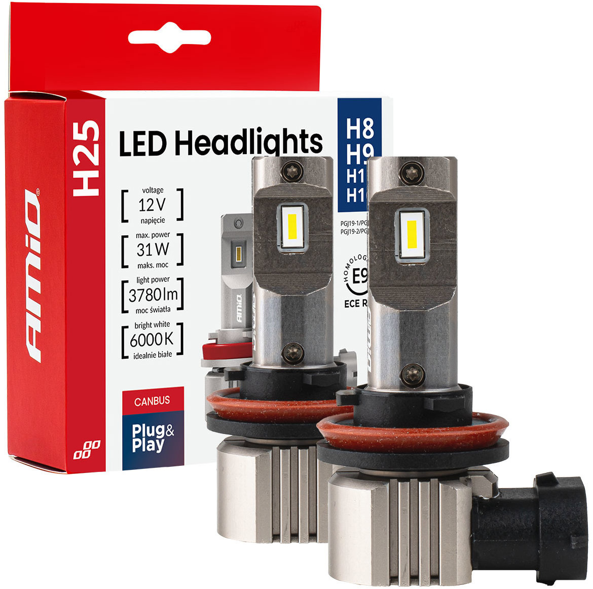 AMIO LED H8/H9/H11/H16 2x15,5 W - bílá (patice PGJ 19-5), sada 2 ks