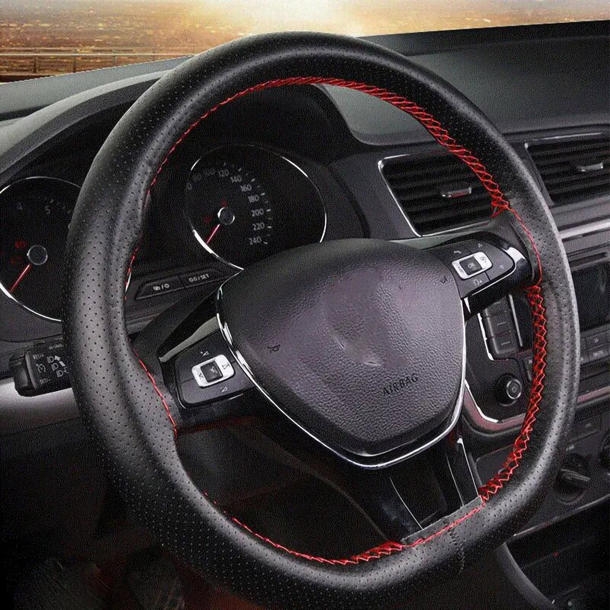 PREXIM Potah na volant perforovaný černý s červenou nití