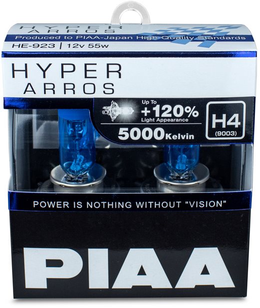 PIAA Hyper Arros 5000K H4 + 120%. jasně bílé světlo o teplotě 5000K, 2ks