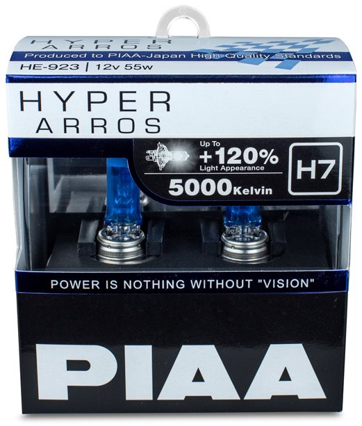 PIAA Hyper Arros 5000K H7 + 120%. jasně bílé světlo o teplotě 5000K, 2ks