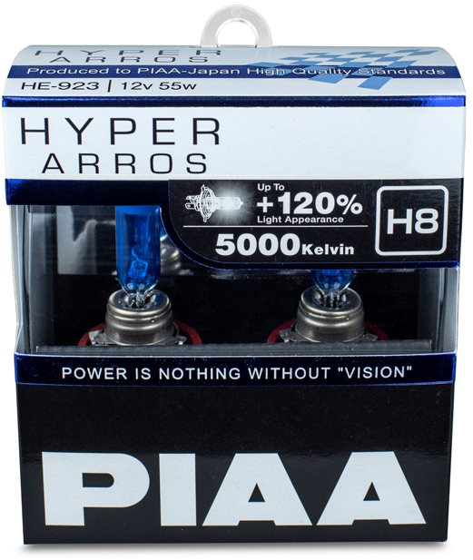 PIAA Hyper Arros 5000K H8 + 120%. jasně bílé světlo o teplotě 5000K, 2ks