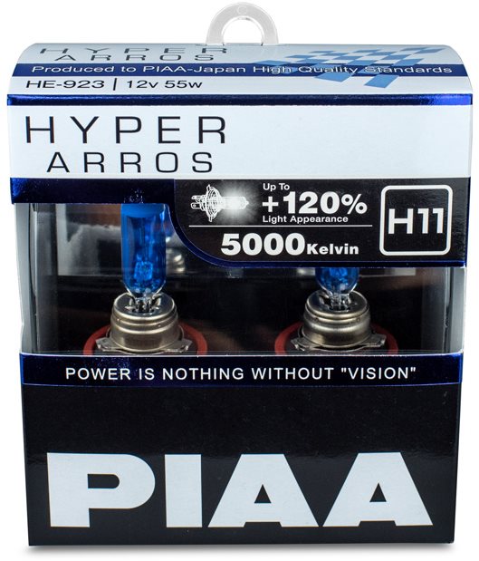 PIAA Hyper Arros 5000K H11 + 120%. jasně bílé světlo o teplotě 5000K, 2ks