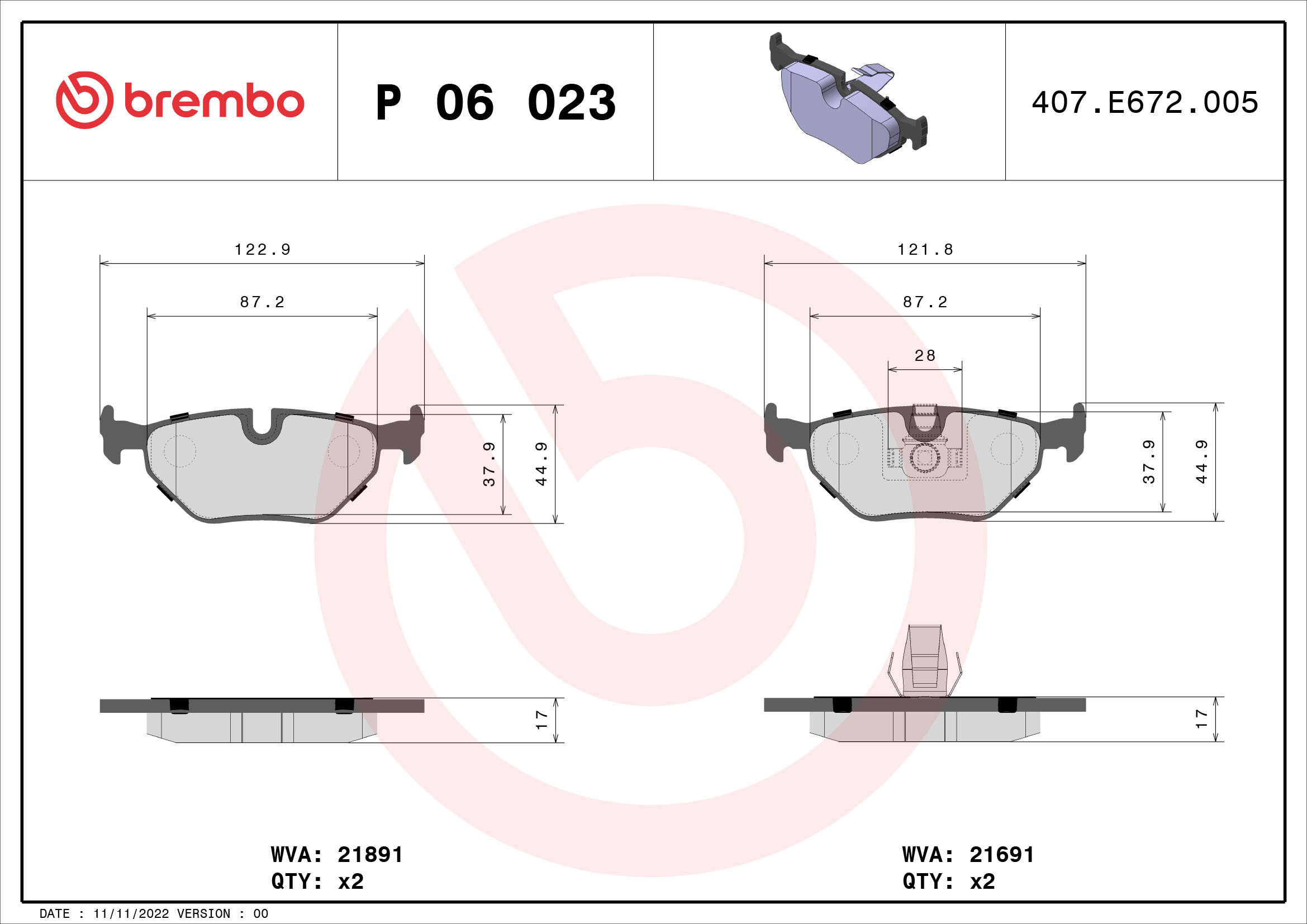 BREMBO Sada brzdových destiček P 06 023