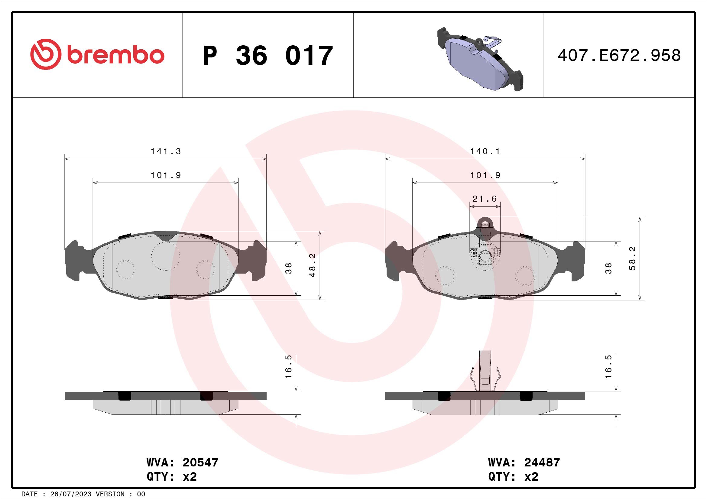 BREMBO Sada brzdových destiček P 36 017