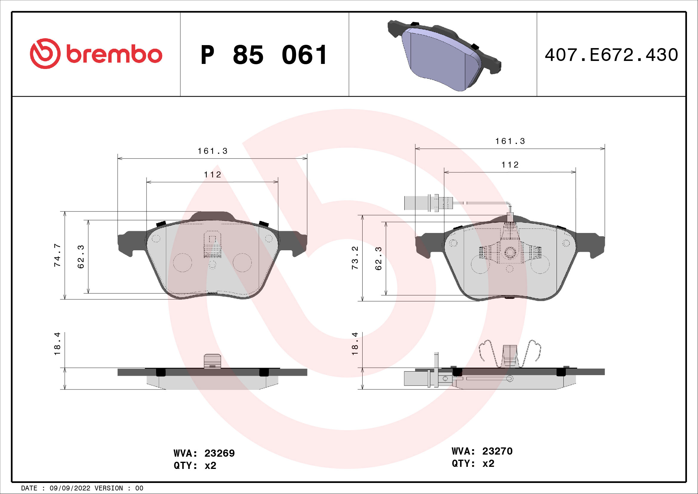 BREMBO Sada brzdových destiček P 85 061