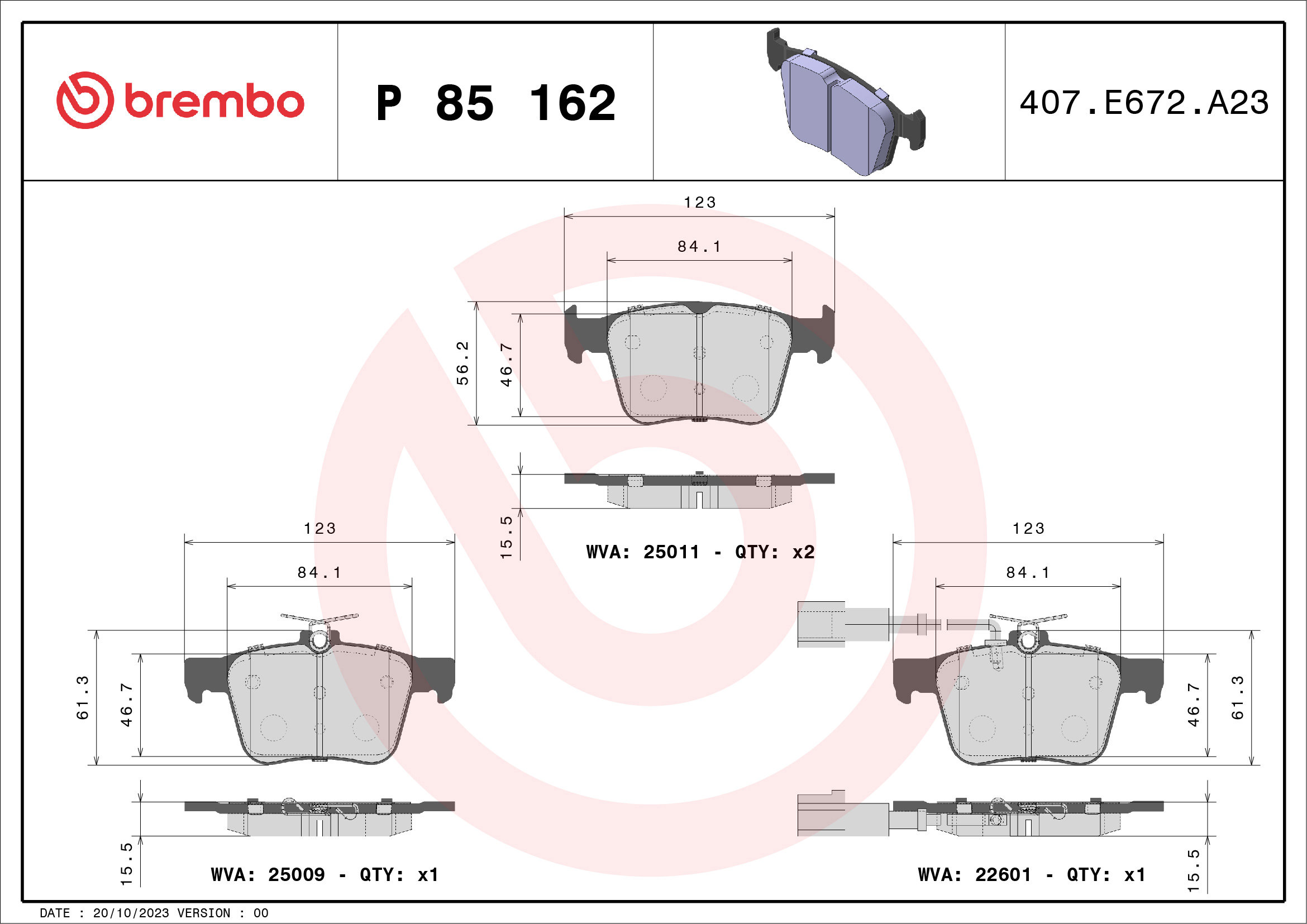 BREMBO Sada brzdových destiček P 85 162