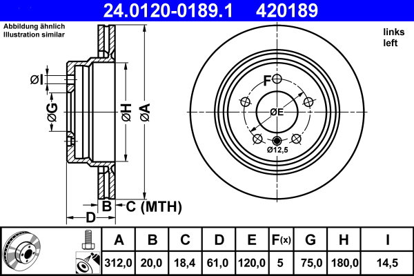 ATE 420189 brzdový kotouč 24.0120-0189.1, sada 2 ks