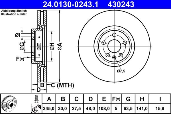 ATE 430243 brzdový kotouč 24.0130-0243.1, sada 2 ks