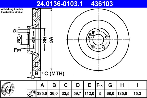 ATE 436103 brzdový kotouč 24.0136-0103.1, sada 2 ks