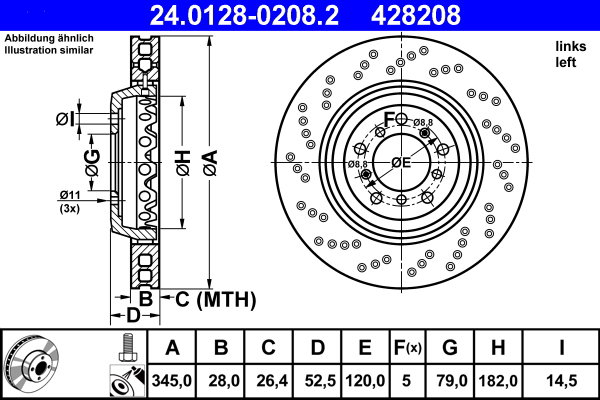 ATE 428208 brzdový kotouč 24.0128-0208.2, sada 2 ks
