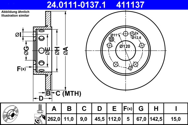 ATE 411137 brzdový kotouč 24.0111-0137.1, sada 2 ks
