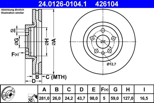 ATE 426104 brzdový kotouč 24.0126-0104.1, sada 2 ks