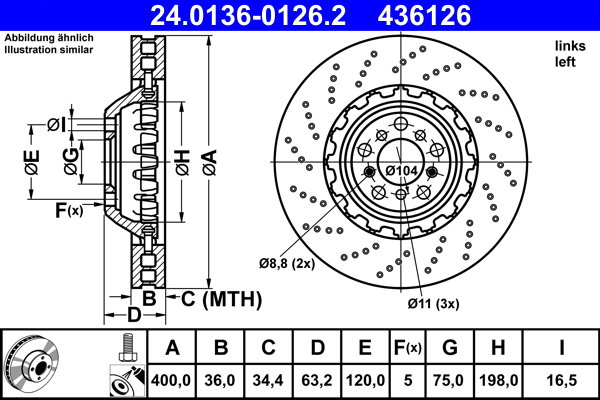 ATE 436126 brzdový kotouč 24.0136-0126.2, sada 2 ks