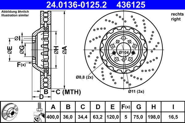 ATE 436125 brzdový kotouč 24.0136-0125.2, sada 2 ks