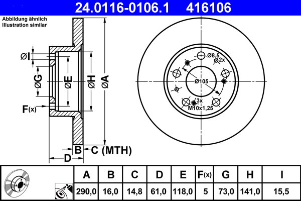 ATE 416106 brzdový kotouč 24.0116-0106.1, sada 2 ks