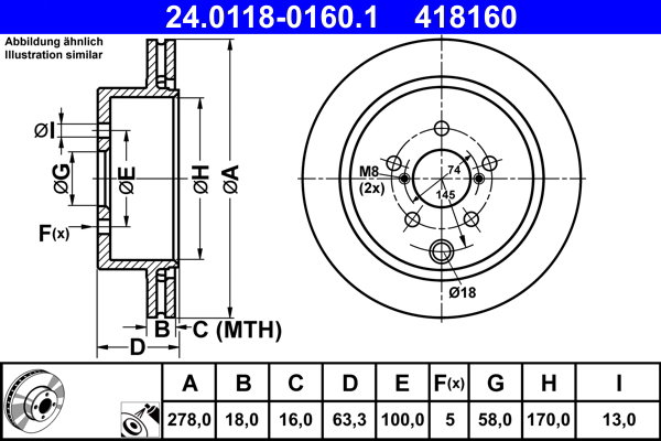 ATE 418160 brzdový kotouč 24.0118-0160.1, sada 2 ks