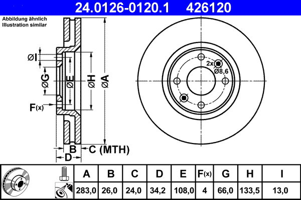 ATE 426120 brzdový kotouč 24.0126-0120.1, sada 2 ks