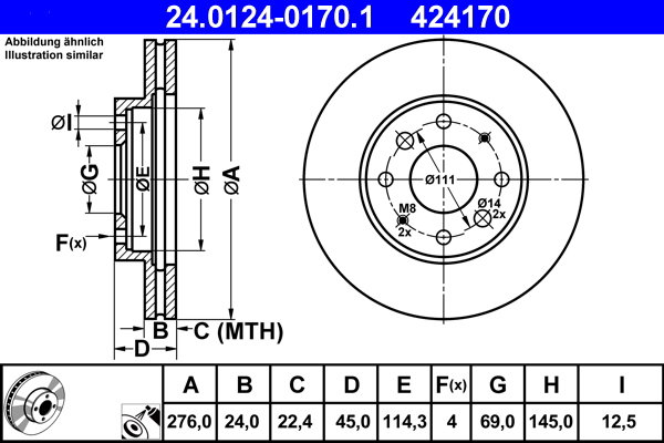 ATE 424170 brzdový kotouč 24.0124-0170.1, sada 2 ks